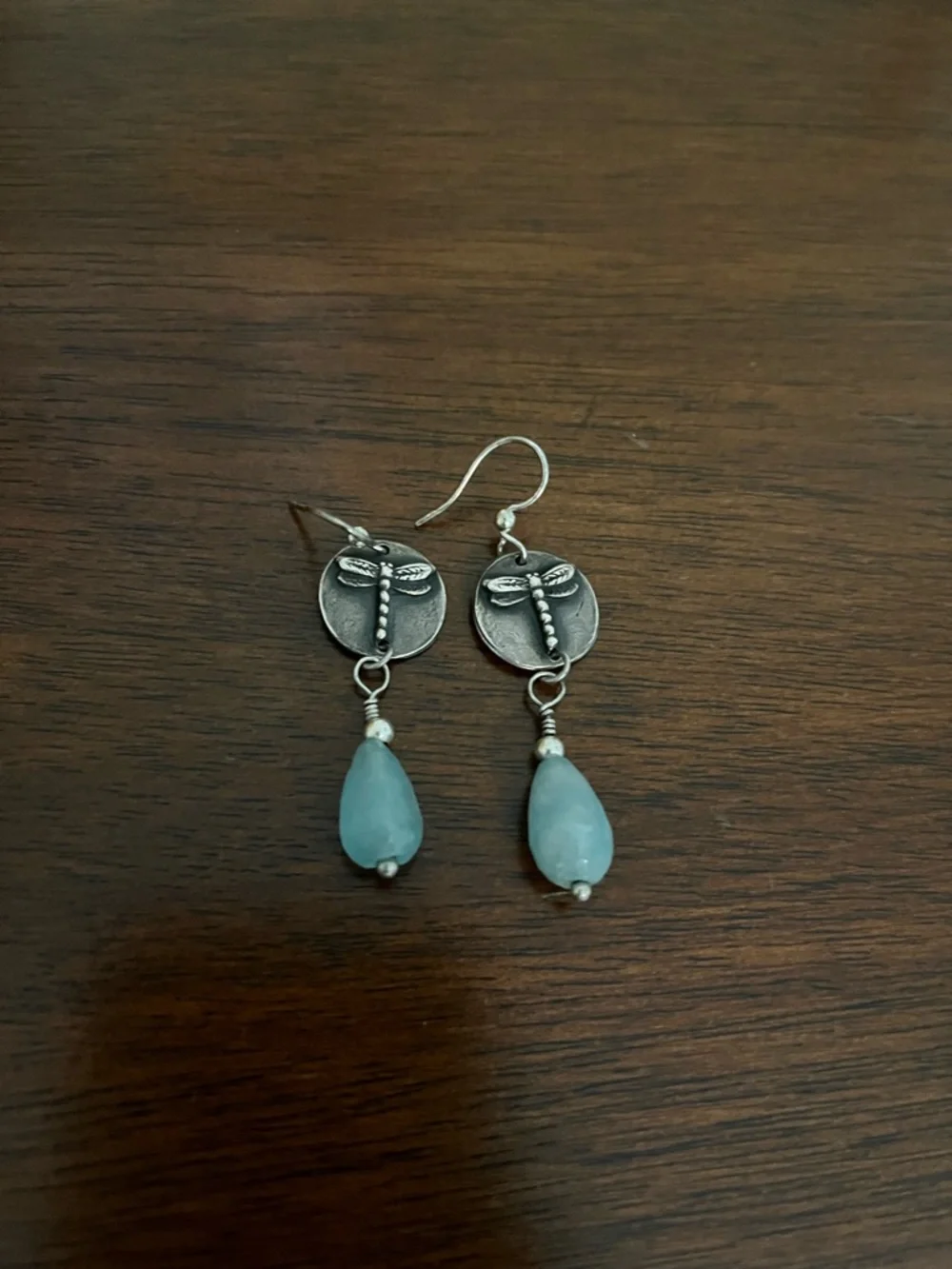 Silver Dragonfly Drop Earrings with Blue Teardrop Beads - Picture 2 of 3